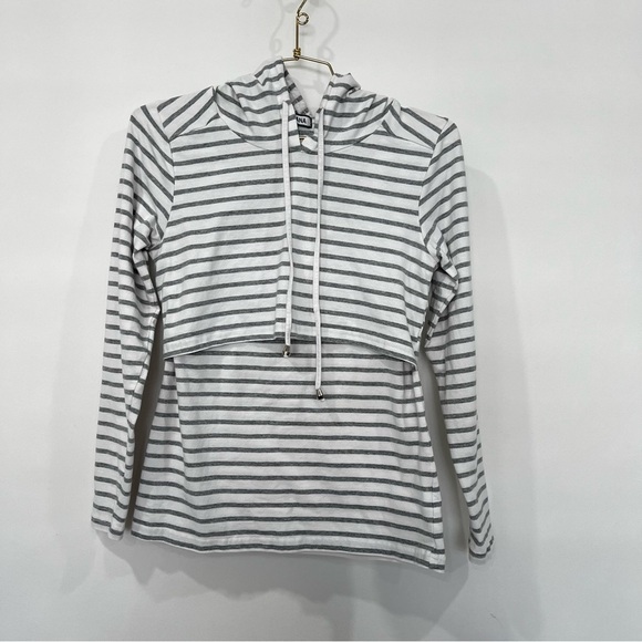 GINKANA Hooded Nursing Long Sleeve Shirt Top Size XSmall White/Gray Striped - Picture 1 of 7